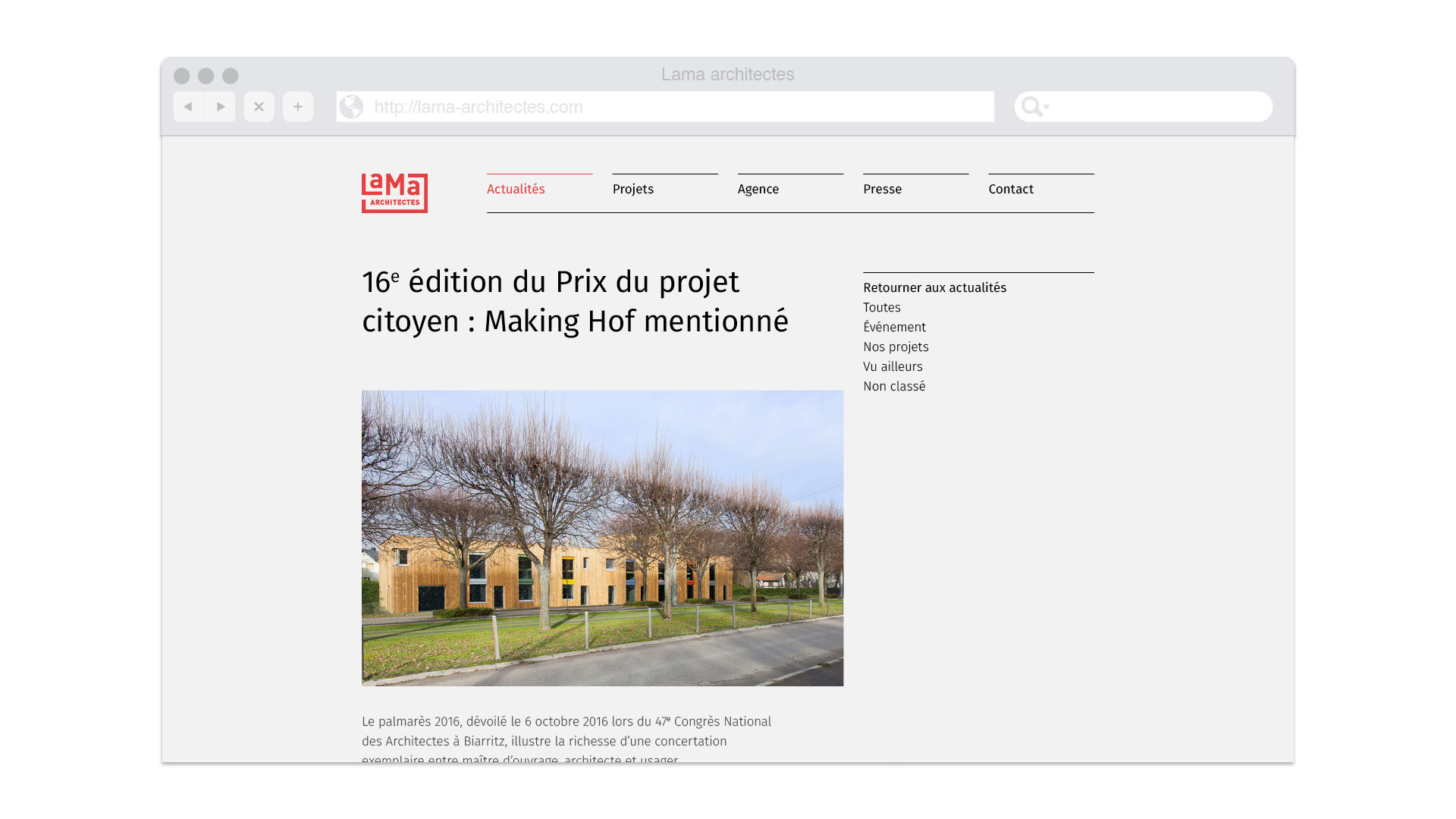 Page projet du site Web