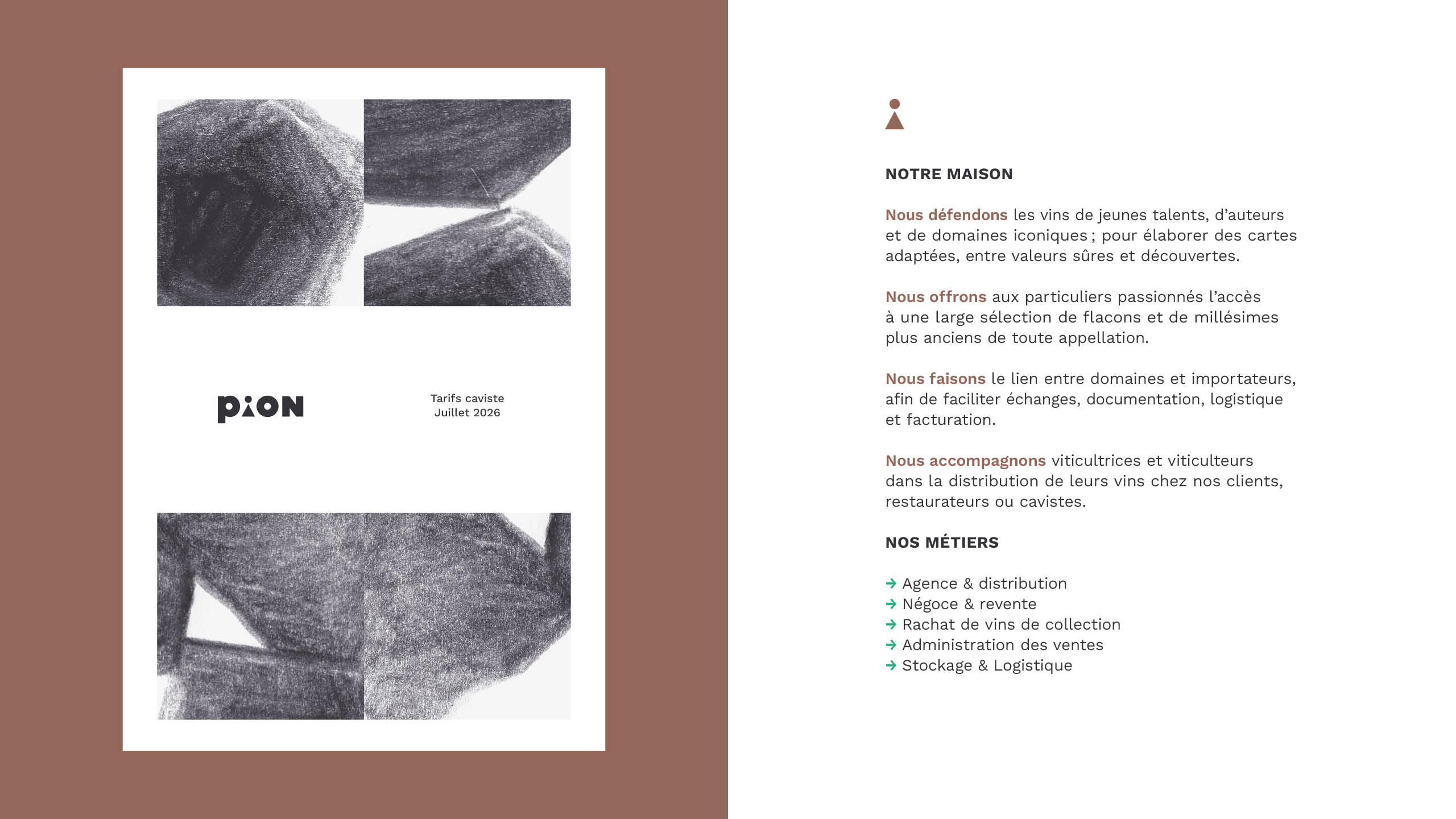 Mise en situation de la nouvelle direction artistique de Pion (branche Agence) : juxtaposition des éléments visuels, chromatiques et typographiques