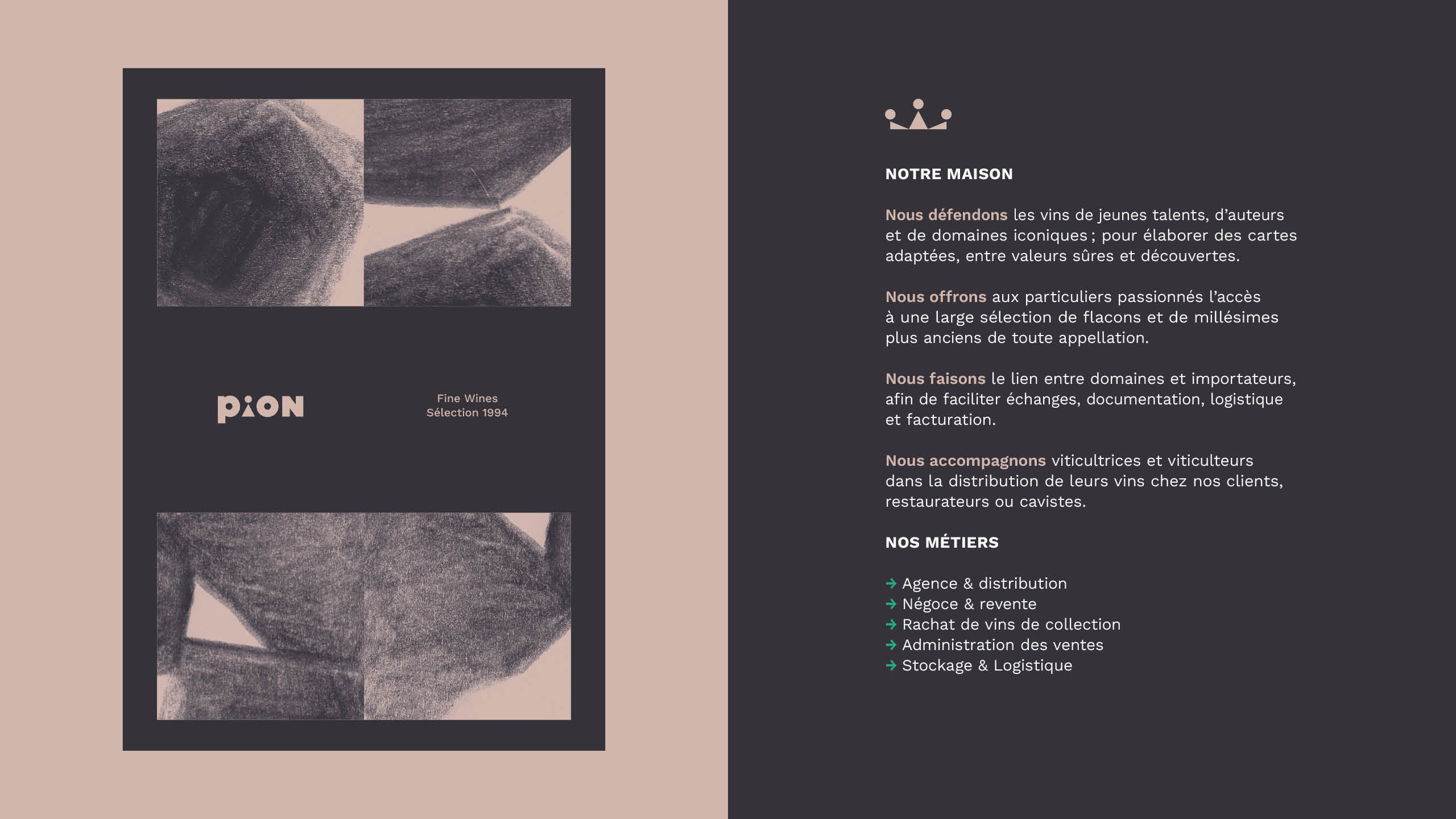 Mise en situation de la nouvelle direction artistique de Pion (branche Fine Wines : juxtaposition des éléments visuels, chromatiques et typographiques